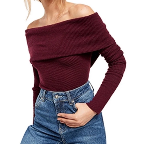 Free People Sweaters - FREE PEOPLE Snowbunny Off Shoulder Burgundy Top Size Small NWT